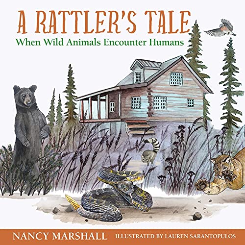 book cover shows a cabin with a bear and rattlesnake